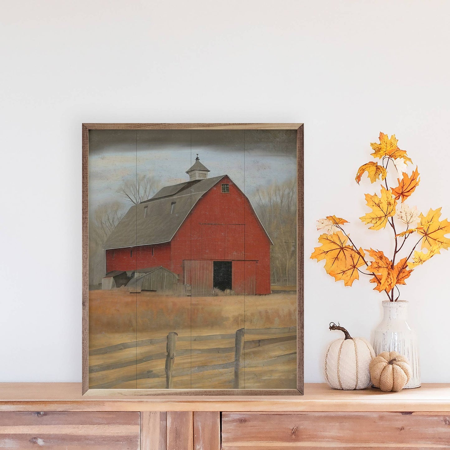 16"x20" Red Barn With Fence - Framed