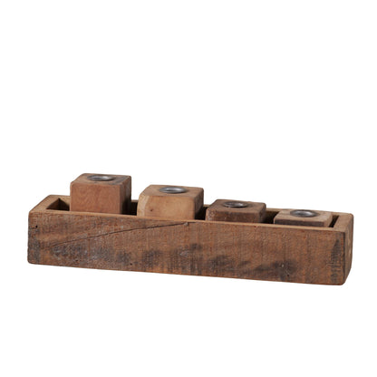 Vintage Wooden Tray with Wood Block Candle Holders