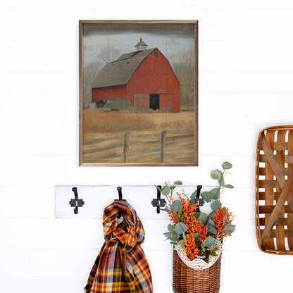 16"x20" Red Barn With Fence - Framed