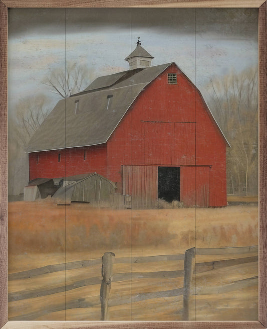 16"x20" Red Barn With Fence - Framed