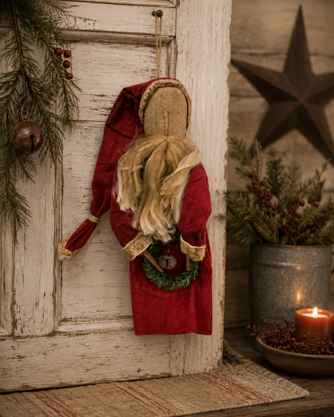 Hanging Primitive Santa With Wreath