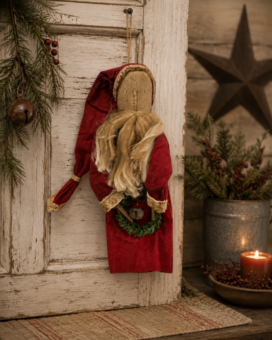 Hanging Primitive Santa With Wreath