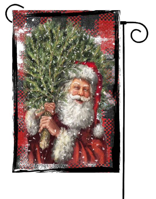 Santa Chimney Tree Plaid Garden Flag
