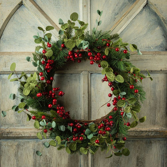 22" Pine and Eucalyptus Wreath (Red Berries)